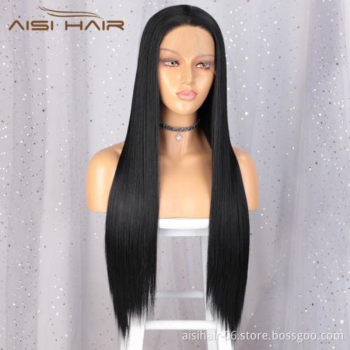 Aisi Hair New Design Long Silky Straight Black Wig Middle Part Swiss Lace Wig Synthetic Hair Lace Frontal Wigs For Black Women